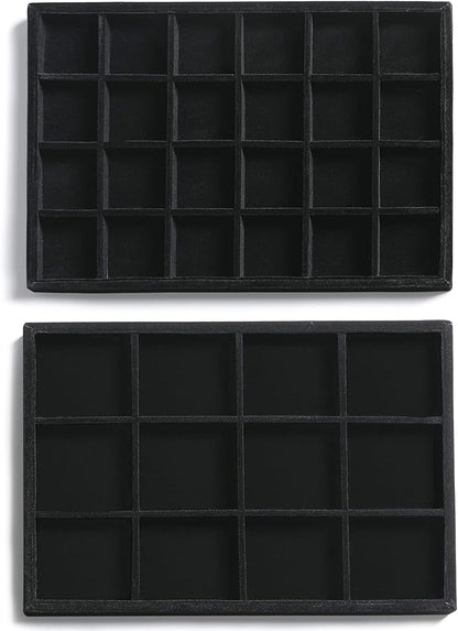 Frebeauty Stackable Velvet Jewelry Organizer Trays for Drawers Inserts Jewelry Storage Tray Display Case, Stud Earrings Bracelets Necklace Rings Accessories Trays for Women (Set of 2 Black)