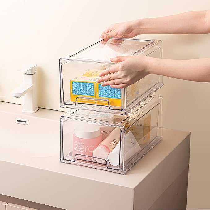 2 Pack Stackable Pull-Out Storage Drawers,Plastic Clear Organizer Bins with Handles,Easily Clean for Craft,and Toy Organization,Kitchen,Undersink,Cabinet,Fridge,Closet,Pantry,Office,Bathroom