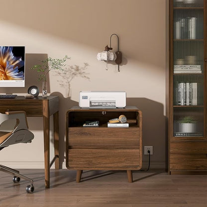Nasonet Night Stand with Charger Station, Mid Century Modern Nightstand with 2 Drawers, Wood Bedside Table for Bedroom, Curved Beveled Design, Walnut