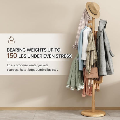Solid Wood Cactus Coat Rack, Freestanding Coat Rack With 6 L-Shaped Hooks and 3 Adjustable Sizes, Coat Tree for Bedroom, Entryway, Livingroom, Coat Hanger Stand for Coats, Handbags (Natural)