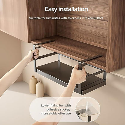 Hanging Under Shelf Storage Basket, Adjustable Width Under Cabinet Add-on Storage Racks, Heavy Duty Slide-in Baskets Organizer for Cabinet Pantry Kitchen, 1 Pack, 8.46"D x 17.7"W x 7.36"H