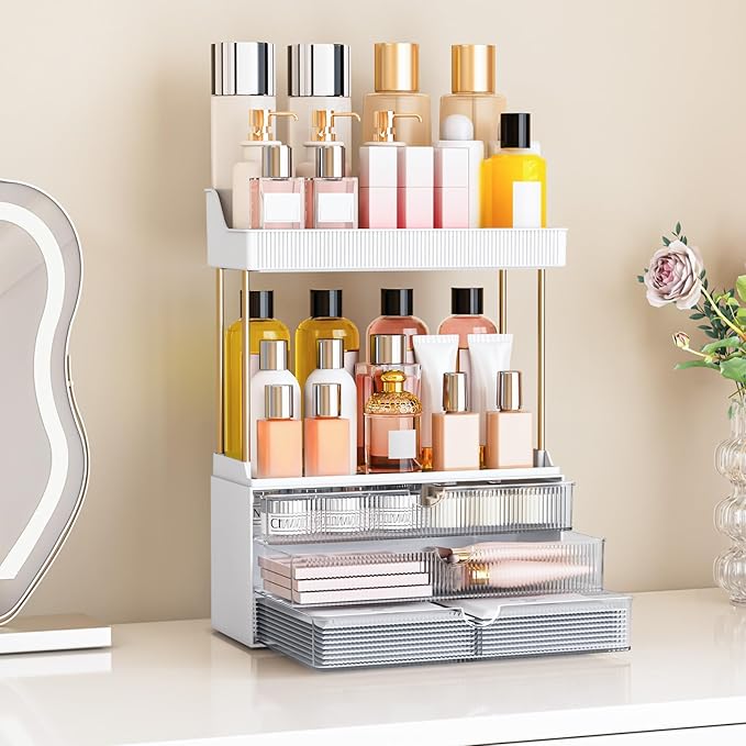 caktraie 5 Tiers Bathroom Counter Organizer - 3 Drawers Makeup Organizer, Cosmetic Storage Drawer for Dresser Countertop and Bathroom Vanity for Large Skincare, Perfume, Clear