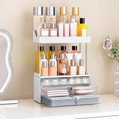 caktraie 5 Tiers Bathroom Counter Organizer - 3 Drawers Makeup Organizer, Cosmetic Storage Drawer for Dresser Countertop and Bathroom Vanity for Large Skincare, Perfume, Clear