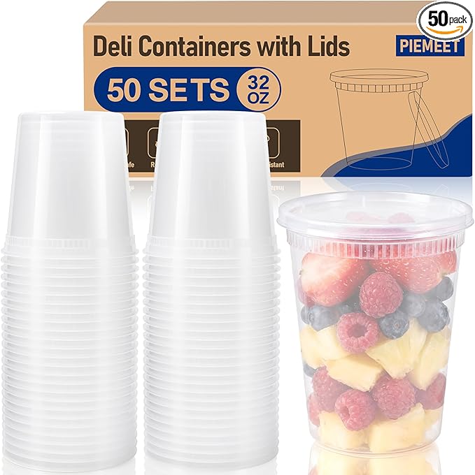 PIEMEET 50 Pack Deli Containers with Lids, 32oz Plastic Food Storage Containers, Leakproof Soup Container with Airtight Lids, BPA-Free, Stackable Takeout Container for Soup, Microwave Freezer Safe