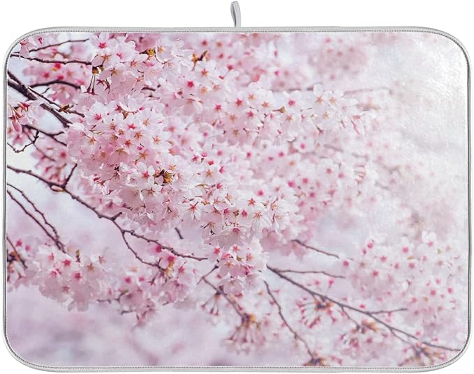 ZzWwR Romantic Pink Cherry Blossoms Absorbent Dish Drying Mat Microfiber Kitchen Countertop Table Protector Multipurpose Counter Rack Sink Drainer Pad (16” x 18”)