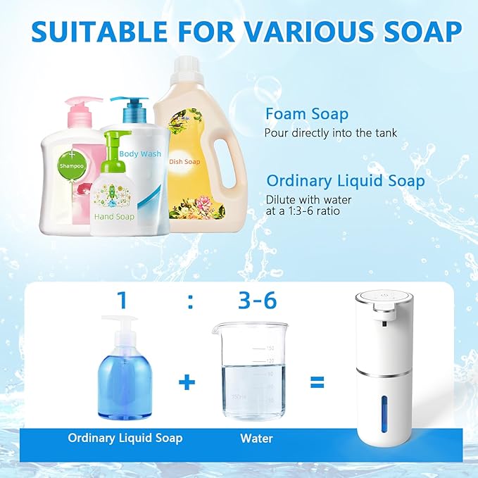Automatic Soap Dispenser Touchless, USB Rechargeable Automatic Foaming Soap Dispenser, 12.8oz/380mL, 4 Level Adjustable, 1500mAh Smart Wall Mounted for Bathroom Kitchen Dish/Hand Soap