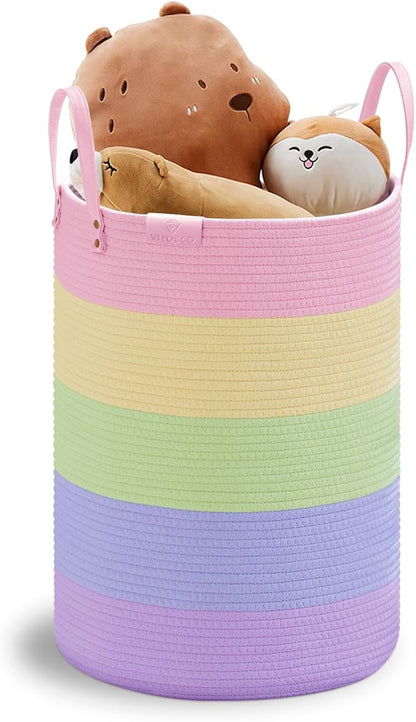VIPOSCO Tall Laundry Basket, Large Dirty Clothes Hamper with Leather Handle, Woven Rope Storage Basket for Blanket, Toy In Living Room, Bathroom, Bedroom - 72L Rainbow