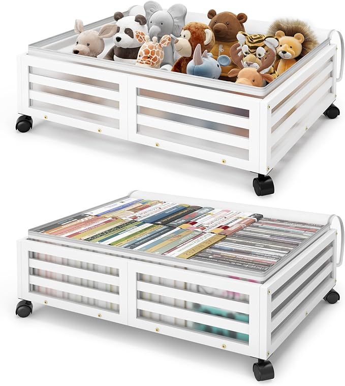 Wisuce Home Under Bed Storage Containers With Wheels - 2 Pcs Bamboo Wood Rolling Underbed Shoe Storage Bins With Dust Bags for Clothes Blankets, Duvet Covers Snacks Toys (White)