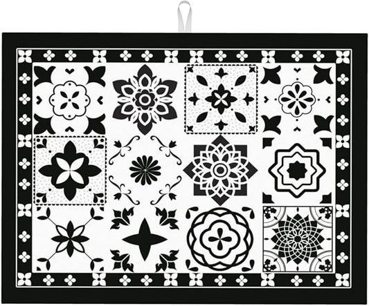 Retro Black Pattern Dish Drying Mat 18x24 For Kitchen Counter Absorbent Microfiber Dishes Pad Dish Drainer Rack Mats Fast Dry Kitchen Accessories