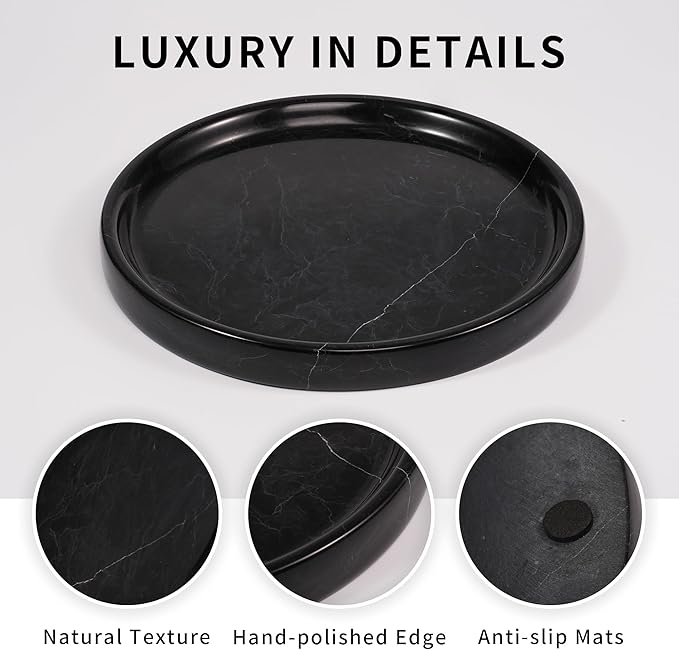 LWALMS Marble Perfume Jewelry Tray - Stone Trinket Ring Key Purse Holder Dish, Round Plate Decorative Bowl for Nightstand Entryway Coffee Table Decor (7.9 inch)