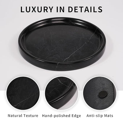 LWALMS Marble Perfume Jewelry Tray - Stone Trinket Ring Key Purse Holder Dish, Round Plate Decorative Bowl for Nightstand Entryway Coffee Table Decor (7.9 inch)