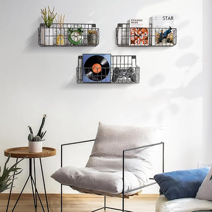 4 Set Extra Large Hanging Wall Wire Baskets, Hanging Wall Mount Storage Baskets, Metal Hanging Wire Basket for Organizing and Storage, Sturdy Wall Organizer for Home Kitchen Bathroom Storage, Black
