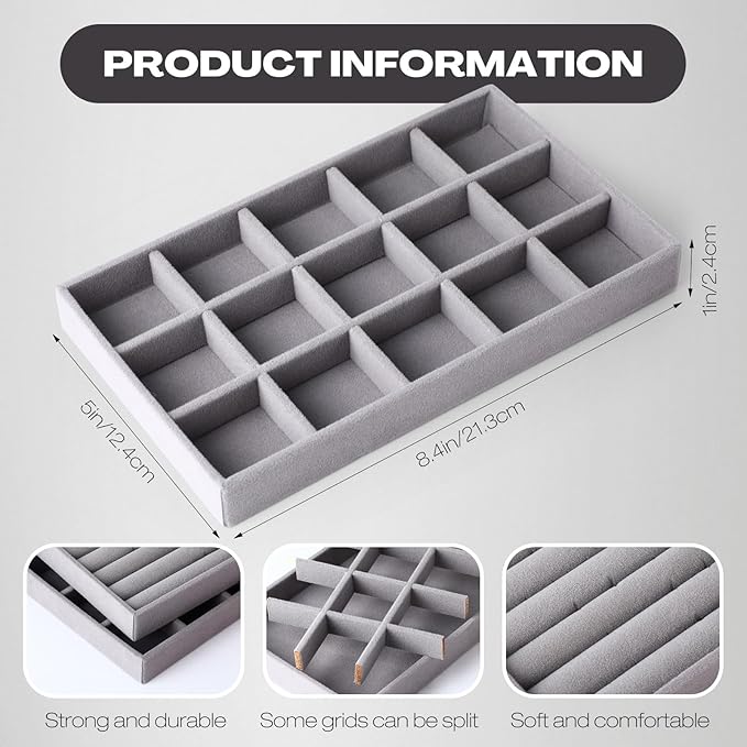 Landical 16 Pcs Stackable Jewelry Organizer for Drawer Velvet Jewelry Tray with Dividers Earring Holder & Ring Display Box Fits 8.4 x 5 x 1 Drawer Necklace Storage for Women, Girls,16 Styles (Grey)