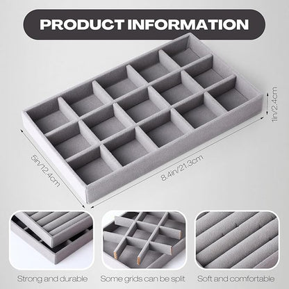 Landical 16 Pcs Stackable Jewelry Organizer for Drawer Velvet Jewelry Tray with Dividers Earring Holder & Ring Display Box Fits 8.4 x 5 x 1 Drawer Necklace Storage for Women, Girls,16 Styles (Grey)