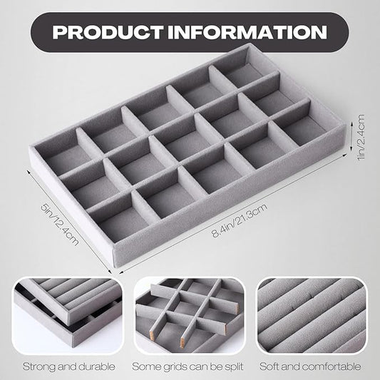 Landical 16 Pcs Stackable Jewelry Organizer for Drawer Velvet Jewelry Tray with Dividers Earring Holder & Ring Display Box Fits 8.4 x 5 x 1 Drawer Necklace Storage for Women, Girls,16 Styles (Grey)