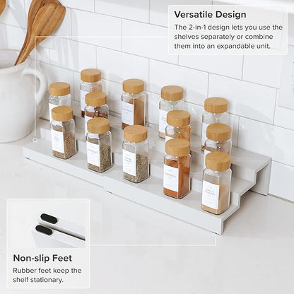 KitchenEdge Expandable Spice Rack Organizer for Cabinet, 3-Tier Shelf for Spice Organization (11” to 22”), Fits 36 Spice Jars, Seasoning and Pantry Storage, Non-Slip Feet, 100% Bamboo, White Finish