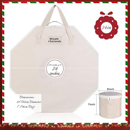 2 Pack Wreath Storage Christmas Garlands Bag with Interior Pockets Large Xmas Container Box for Holiday Decorations Case with Zipper Handles Window Labeling Card Slot 24" Houndstooth