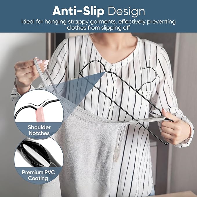 UEAKPIC Black Rubber Coated Metal Pants Hangers 20 Pack with Shoulder Notches, Non-Slip, Heavy Duty, Space Saving Closet Organizer for Slacks, Scarf, Ties, Includes 4 Magic Hangers and 10 Hooks