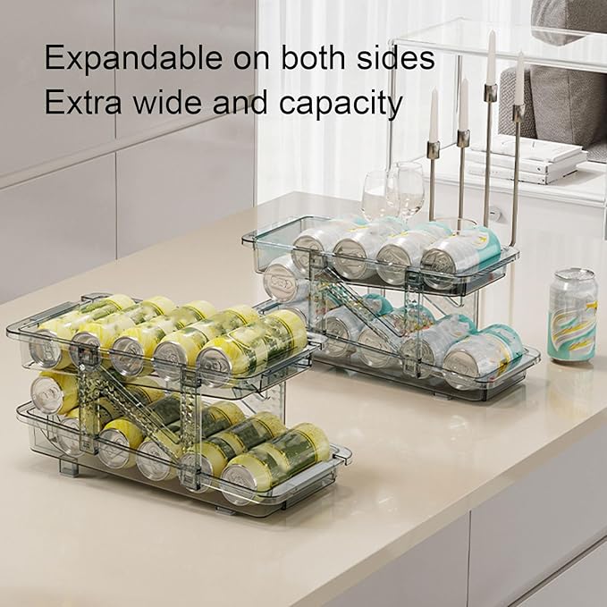 2 Layer Expandable Soda Can Organizer, Automatic Rolling Beverage Drink Dispenser for Fridge, Plastic Beer Can Holder for Refrigerator Pantry Freezer (Clear White)