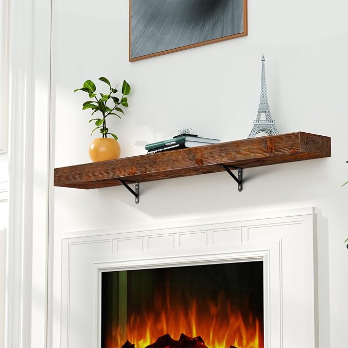 ROOMTEC Fireplace Mantel with L-Shaped Brackets,72" Wood Fireplace Shelves,Wall Mounted Shelving,Handcrafted Brack, 72" x 8" x 3", Wood Brown