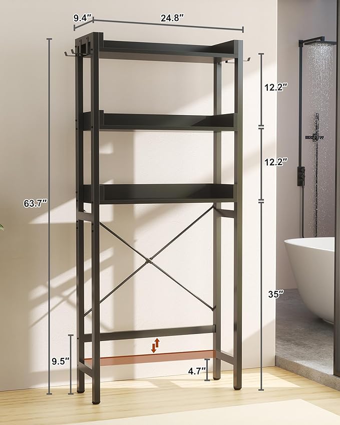 Ecoprsio Over-The-Toilet Storage Rack, 3-Tier Bathroom Organizer Shelf Over Toilet, Freestanding Space Saver Toilet Stands with 4 Hooks, Black