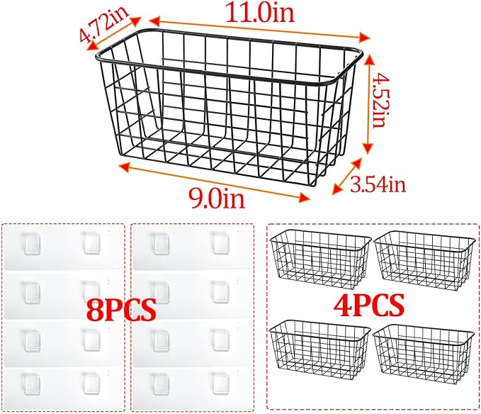 Hanging Kitchen Baskets Adhesive Sturdy Wire Storage Baskets with Kitchen Food Pantry Bathroom Shelf Storage No Drilling Wall Mounted,Black,4 Pack
