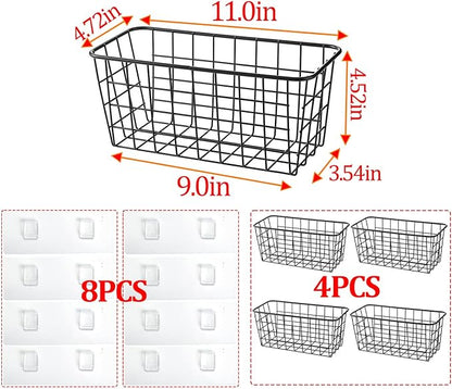 Hanging Kitchen Baskets Adhesive Sturdy Wire Storage Baskets with Kitchen Food Pantry Bathroom Shelf Storage No Drilling Wall Mounted,Black,4 Pack