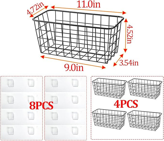 Hanging Kitchen Baskets Adhesive Sturdy Wire Storage Baskets with Kitchen Food Pantry Bathroom Shelf Storage No Drilling Wall Mounted,Black,4 Pack