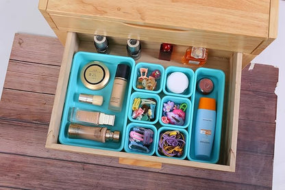 15 PCS Interlocking Desk Drawer Organizer Separator for Office,Bathroom,Kitchen,Makeup（Blue&Green）