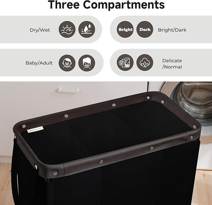 StorageWorks 3 Section Laundry Hamper, Rolling Laundry Cart with Wheels and Handles, Laundry Room Double Sorter for Organizer and Storage, 31.7 Gal(120L), Black