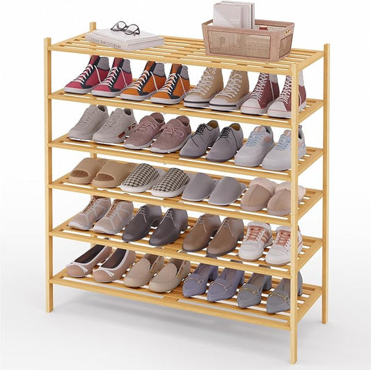 Smiry Long Bamboo Shoe Rack 6-Tier, Stackable Wooden Shoe Organizer for Entryway & Closet, Free Standing Wood Shoe Storage Shelf for Front Door & Small Spaces, Natural