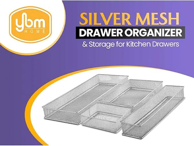 YBM HOME White Mesh Drawer Organizer and Storage for Kitchen Drawers, Serves as School Supply Holder, Office Desktop Organizer Basket, Makeup and Craft Supplies Organization, (2 Pack, 4x12x2 Inch)