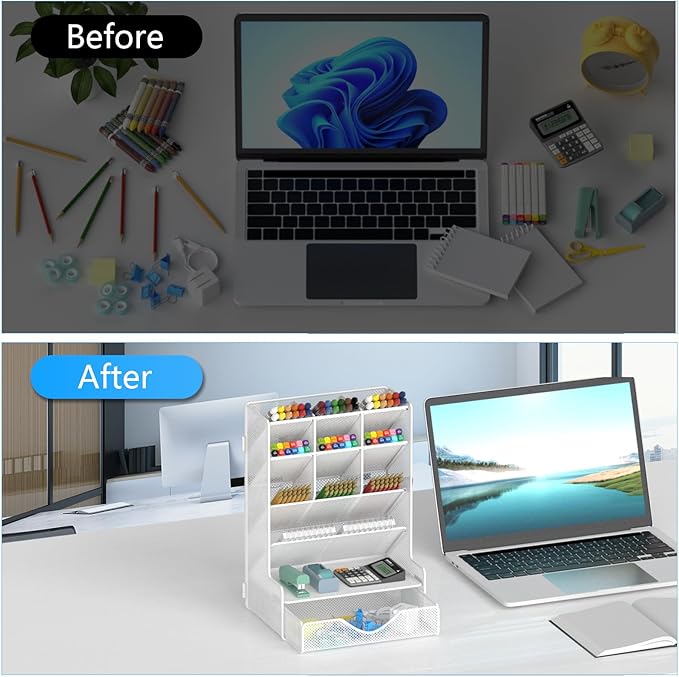 Pen Organizer for Desk, Multi-Functional Desk Organizer, Wall Mount Pen Holder with Drawer for School, Office, Home, Art Supplies, White