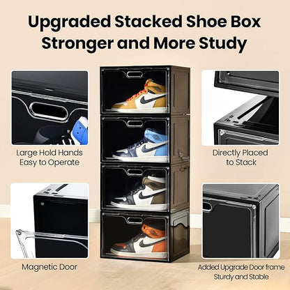 Amllas 8 Pack Shoe Boxes Black Plastic Stackable, Large Shoe Storage Organizer,Drop Side Front Shoe Containers for Entryway,Sneaker Storage Fit up to US Size 13 for Men/Women(13’’x 10.6”x 8.3”)