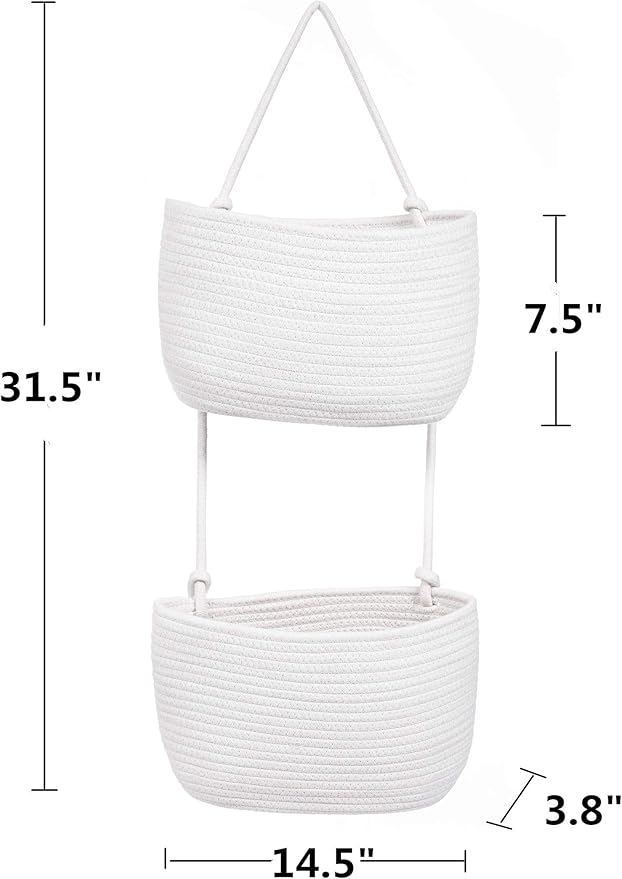 Over The Door Hanging Basket, 2 Tier Cotton Rope Woven Baskets, Magazine Racks, Wall Mount Hanging Storage Baskets,Decorative Door Organizers for Living Room, Bathroom and Bedroom (White)