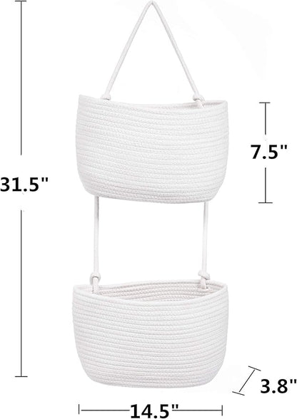 Over The Door Hanging Basket, 2 Tier Cotton Rope Woven Baskets, Magazine Racks, Wall Mount Hanging Storage Baskets,Decorative Door Organizers for Living Room, Bathroom and Bedroom (White)