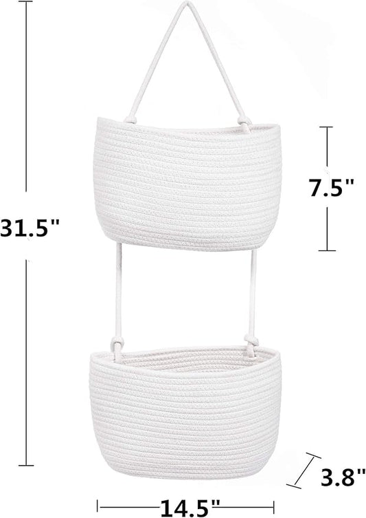 Over The Door Hanging Basket, 2 Tier Cotton Rope Woven Baskets, Magazine Racks, Wall Mount Hanging Storage Baskets,Decorative Door Organizers for Living Room, Bathroom and Bedroom (White)