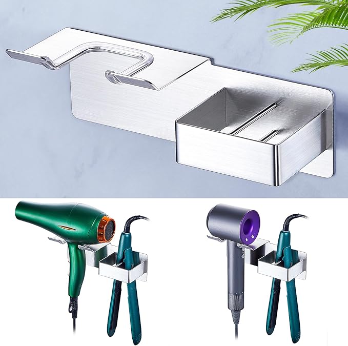 WAYASI Blow Dryer Holder Wall Mounted, Hair Dryer and Straightener Holder, Hairdryer Holder for Bathroom, Curling Iron Holder, Salon Hair Tools Organizer Storage, Silver