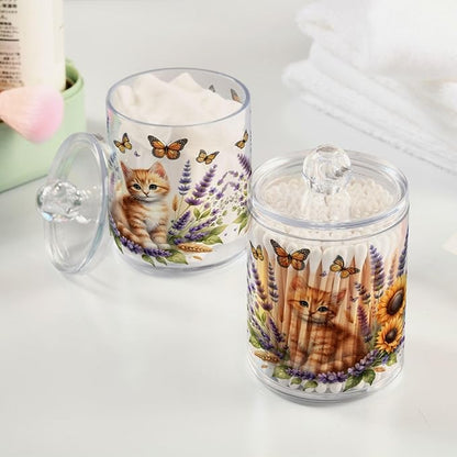 MNSRUU 4 Pack Qtip Holder Organizer Dispenser Cute Ginger Kitten and Flowers Pink Bathroom Storage Canister Cotton Ball Holder Bathroom Containers for Cotton Swabs/Pads/Floss