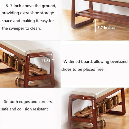 Solid Wood Shoe Bench, 2-Tier Wooden Entryway Bench, Modern Shoe Rack with Faux Leather Cushion for Hallway, Living Room (Gray, 21.65'')