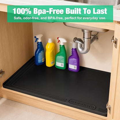Aisslro Under Sink Mat 22" X 19", Waterproof Silicone Under Sink Mats for Kitchen, Anti-Leak Shelf Liner & Cabinet Protector with Raised Edge, [BPA Free] Bathroom Tray Home Organizer, Black