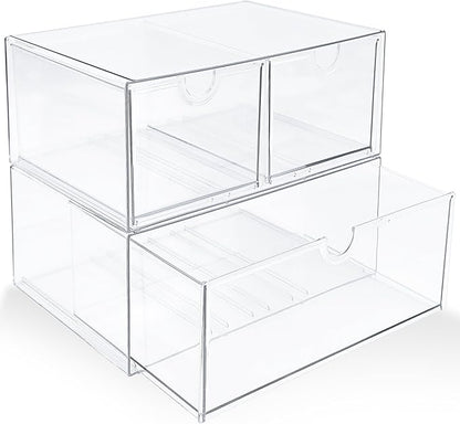Prsildan Acrylic Drawer Makeup Organizer with 3 Drawers, Clear Stackable Storage for Baby Bottles, Craft, Jewelry & Hair Accessories, Multi-Use for Vanity, Countertop, Office Desk Organization