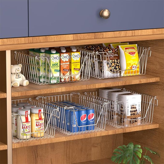 SANNO 14" Stacking Baskets Large Wire Baskets Organizer, Cabinet Storage Metal Baskets Organizer Sturdy Metal Wire Pantry Freezer Bin