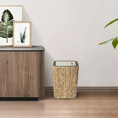 Boho Trash Can with Lid for Bathroom,2.6 Gallon Small Rattan Garbage Can with Press Top Lid,Woven Wastebasket and Hamper 2 in 1 Wicker Trash Basket for Bathroom,Kitchen,Living Room,Bedroom