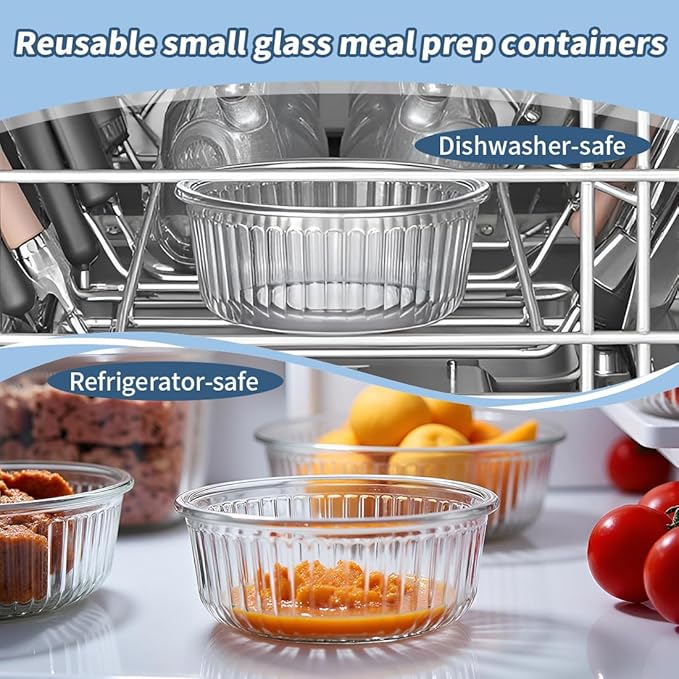 H.JSS WDJS 12oz Round Glass Meal Prep Containers with Airtight Lids, 1.5-Cup Round Glass Food Storage Containers Set, Heat-Resistant BPA-Free for Soup, Leftover, Microwave, Dishwasher, Freezer Safe