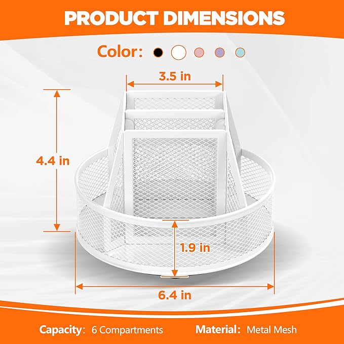 Docnest Mesh 360 Degree Rotating Pen Holder with 6 Compartment,Metal Pencil Cup Art Supply Storage Box Caddy,Teacher Stationery and Dorm Supplies Desk Organizer for Pencil,Sticky Note,Scissors-White