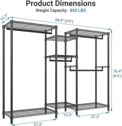 VIPEK Classic V6 Wire Garment Rack Heavy Duty Clothes Racks with Shelves, Freestanding Portable Wardrobe Closet Rack for Hanging Clothes Closet System 68.9" L x 15.7" W x 76.4" H, Load 850LBS, Black