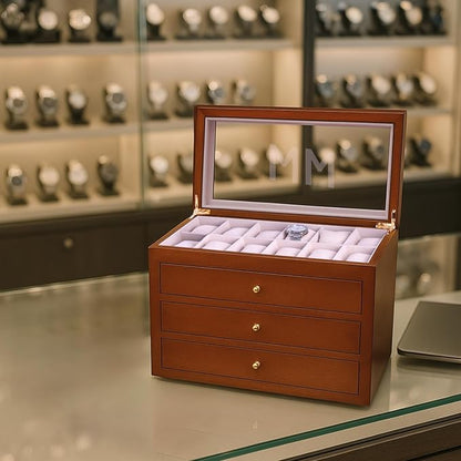 Bey-Berk Personalized Cherry Wood 48-Slot Watch Box (Brown), Custom Glass-Top Solid Wood Watch Organizer with Drawers & Velour-Lined Cushions