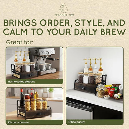 Coffee Syrup Rack Organizer – 3-Tier Coffee Bar Stand for Countertop, Rustic Wood & Metal Bottle Display Shelf with Coffee Pod Drawer, Wine Rack, Liquor Display Shelf for Home Coffee Station