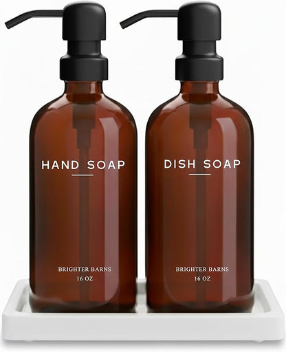 Amber Glass Hand and Dish Soap Dispenser Set by Brighter Barns - Kitchen Soap Dispenser Set with Tray for Kitchen, Airbnb, Vacation Rental or Restaurant - Modern Kitchen Decor & Accessories (Amber)